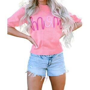 NEW THREADED PEAR maxine mom tinsel front short sleeve sweater in pink